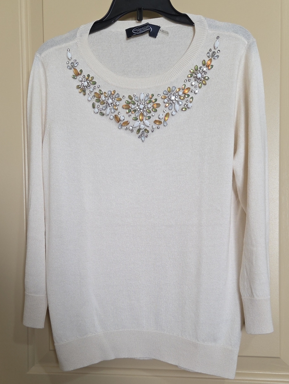 Magaschoni Cream Crewneck Sweater with Crystal & Gold Embellishments